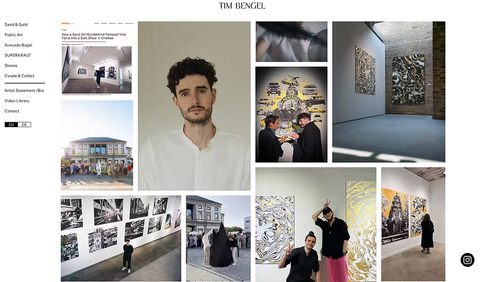 Collage de la web de Tim Bengel con su retrato, obras abstractas y fotos de galerías; aparece texto y menú lateral.