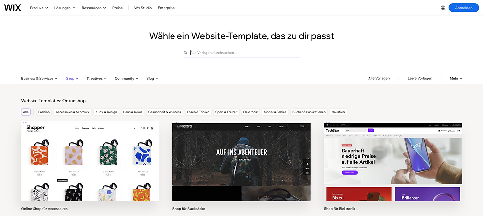 WIX-Seite zeigt Website-Templates für Onlineshops. Kategorienleiste oben, drei bunte Vorlagen darunter. Text: Wähle ein Website-Template.