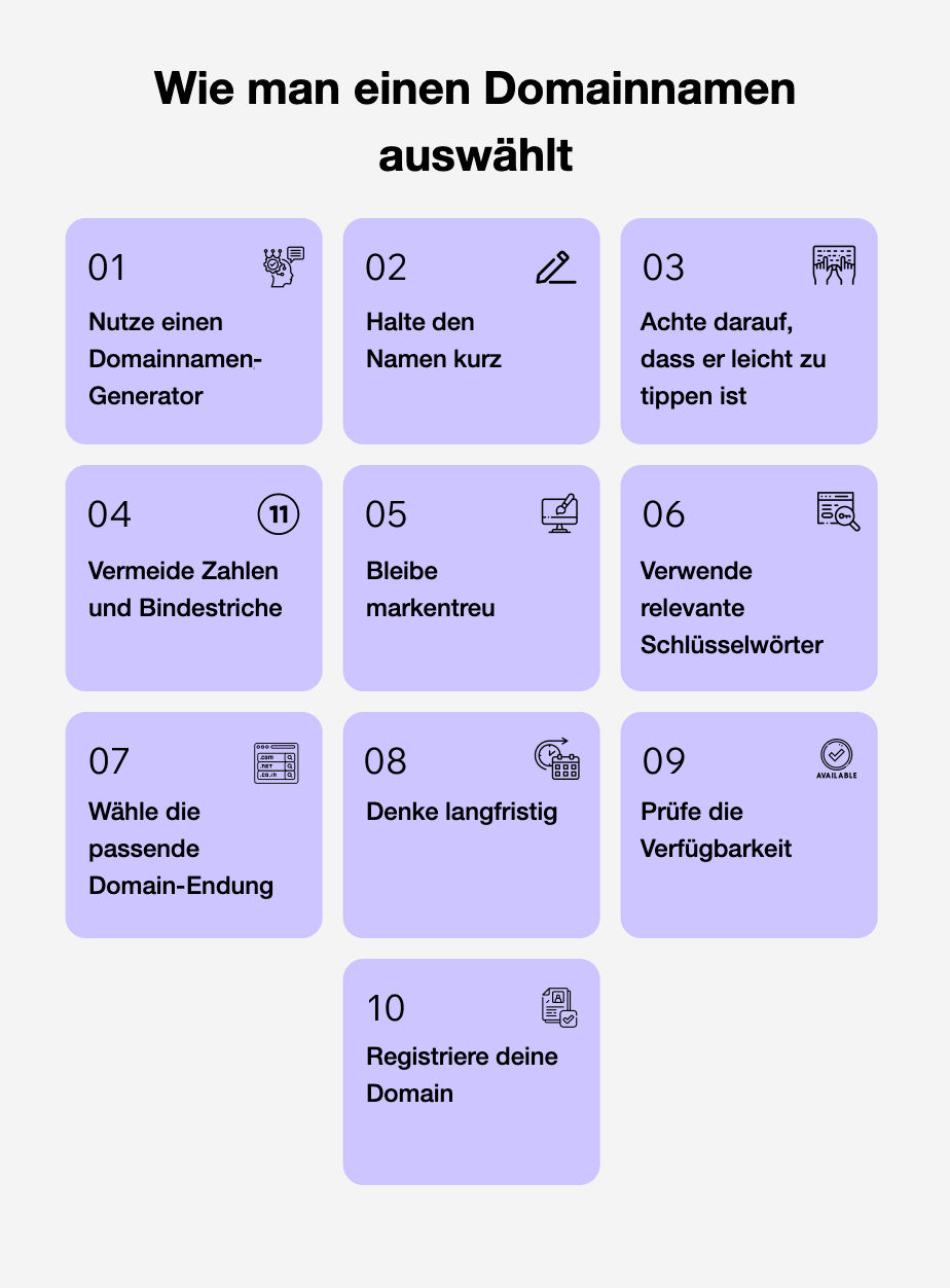 Tipps zur Auswahl eines Domainnamens in lila Kästchen: Generator nutzen, kurz halten, leicht tippbar, Zahlen vermeiden, markentreu bleiben.