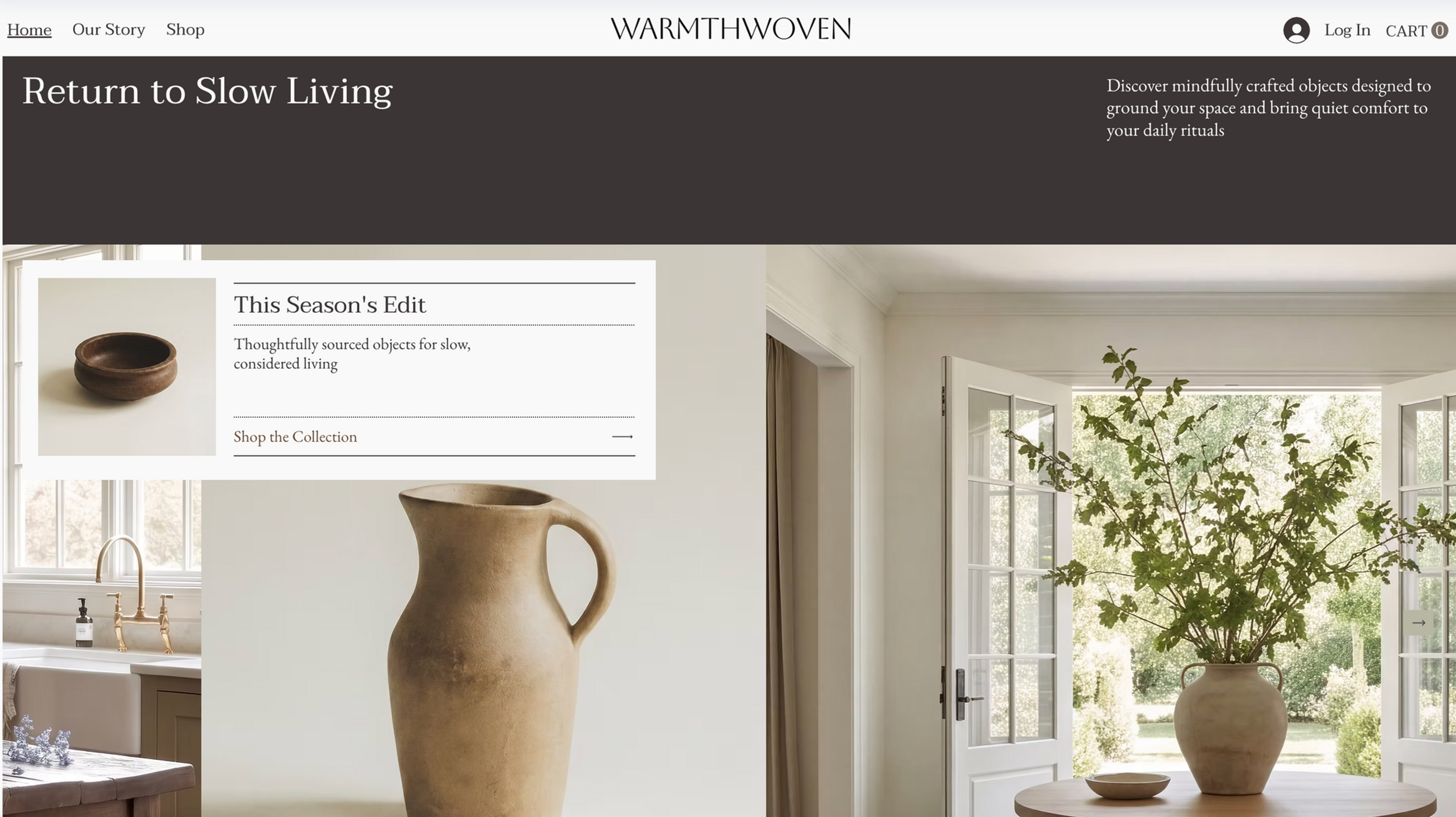 Startseite von WARMTHWOVEN mit Return to Slow Living, Keramikvasen, hellem Raum mit offenen Türen und Naturblick.