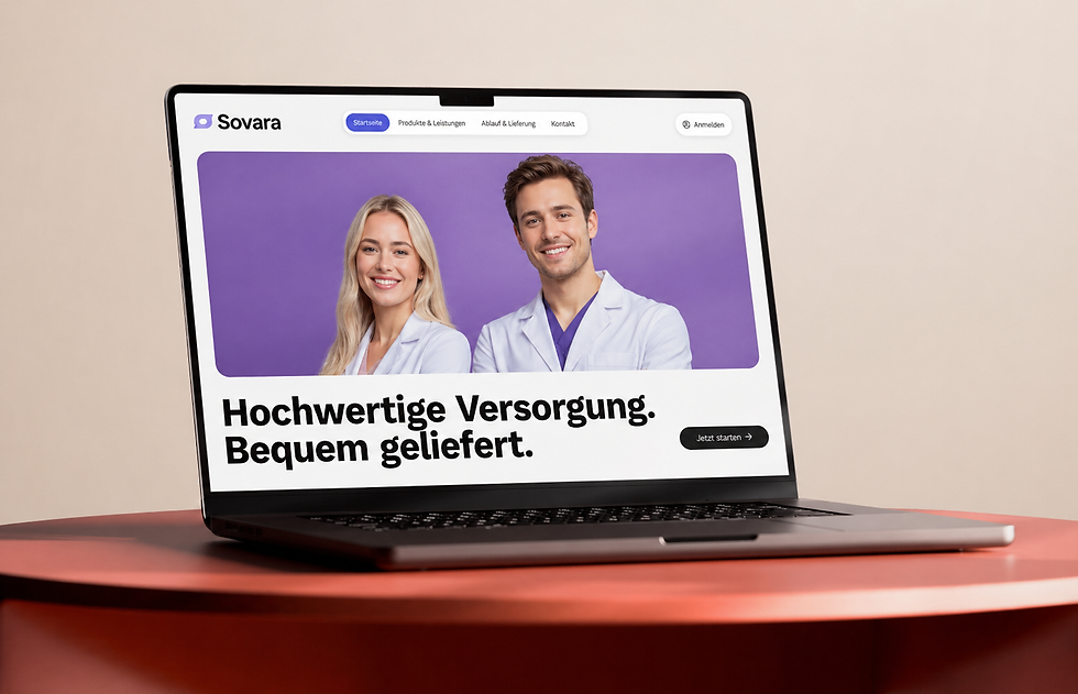 Apotheken Website erstellen Symbolbild: Laptop auf rotem Tisch zeigt Website mit lächelnden Personen vor violettem Hintergrund. Text: Hochwertige Versorgung. Bequem geliefert.