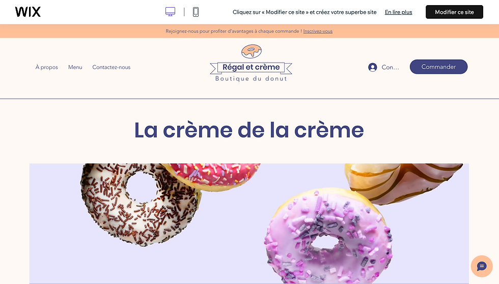 Page Wix d’une boutique de donuts Régal et crème, avec bouton Commander et grands donuts glacés colorés sur fond pastel.
