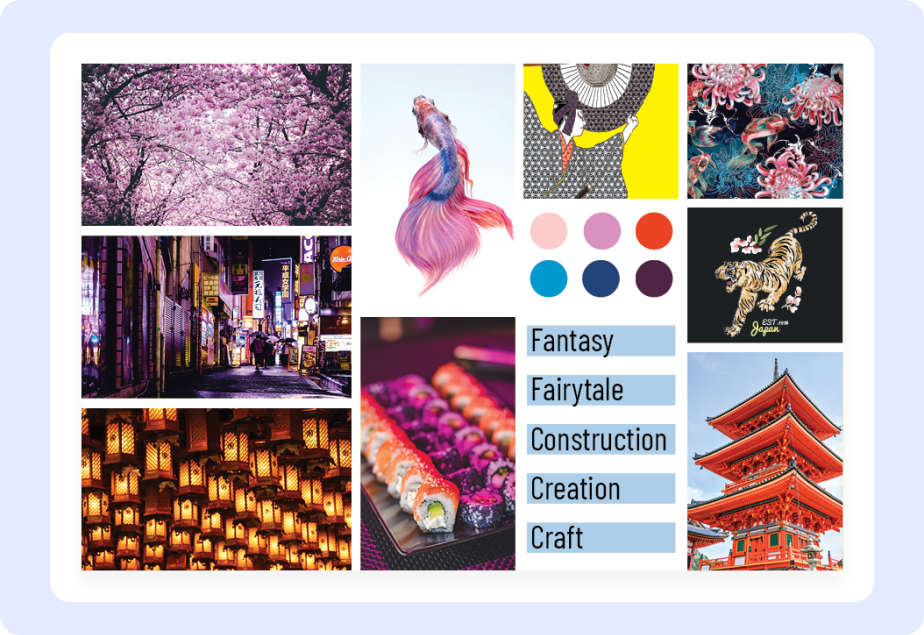 Moodboard Beispiel, rot, rosa, pink, asiatisch