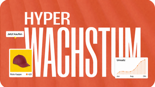 Roter Hintergrund mit großem Text "HYPERWACHSTUM". Links rote Kappe mit "Jetzt kaufen" und Bewertung 4,9. Rechts Umsatzgrafik. Symbolbild für E-Commerce Statistiken