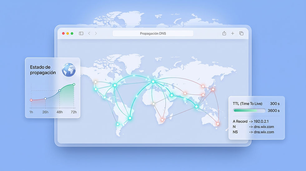 Panel de propagación DNS con mapa mundial de nodos conectados, gráfico de horas y ficha de TTL y registros A y NS sobre fondo azul
