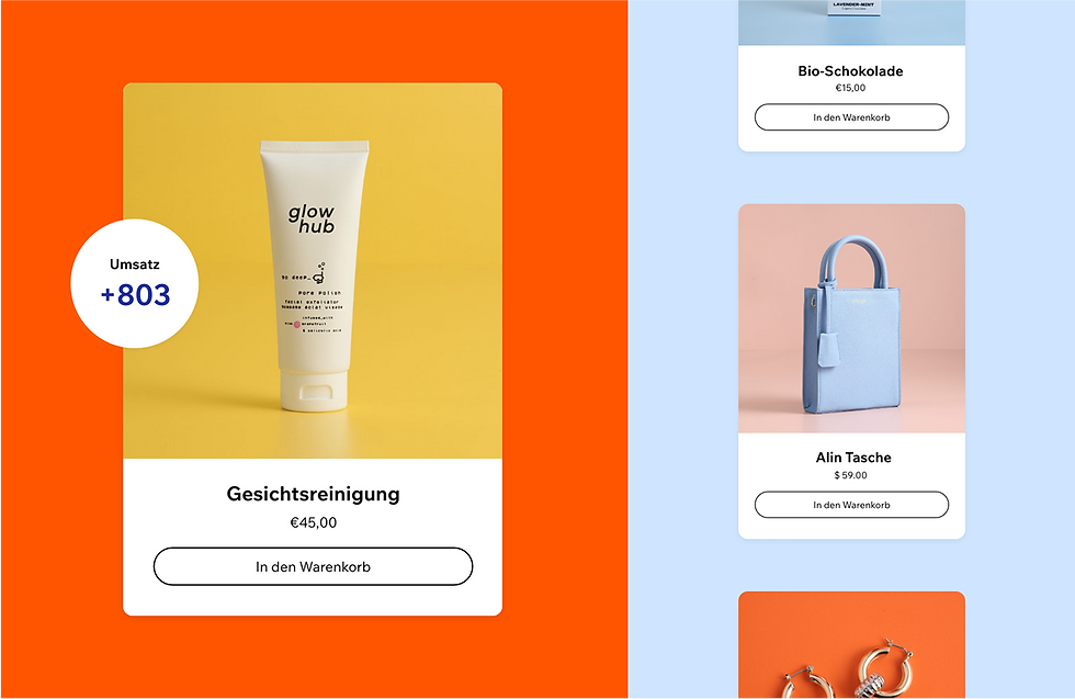 Verschiedene Produktkategorien im Online Shop. U.a. Gesichtsreinigung, Bio-Schokoloade, Tasche, Ohrringe