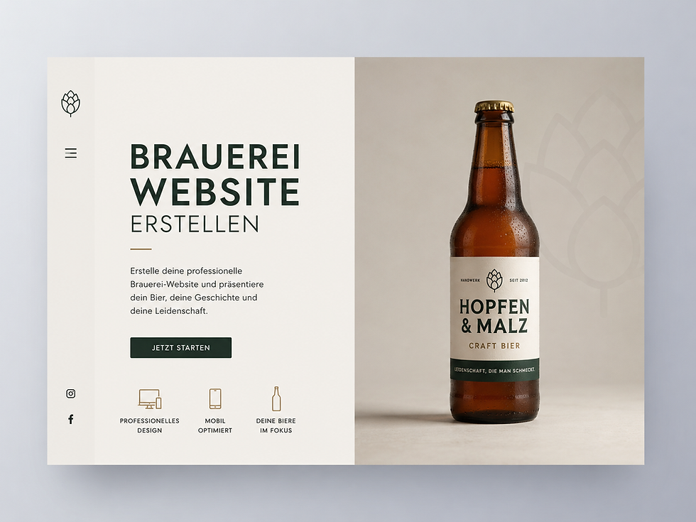 Brauerei-Website-Layout mit Bierflasche Hopfen & Malz, Text Brauerei Website erstellen und Button Jetzt starten