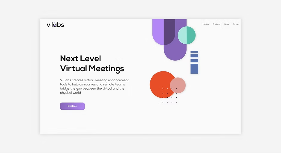 site minimaliste de V-Labs avec titre Next Level Virtual Meetings, bouton Explore et formes colorées sur fond blanc.