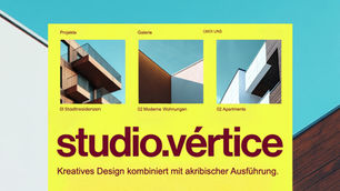 Grafikdesign Portfolio Beispiel eines gelben Plakates mit moderner Architektur, beschriftet mit Projekte, Galerie, Über uns. Text: "studio.vértice" und "Kreatives Design"