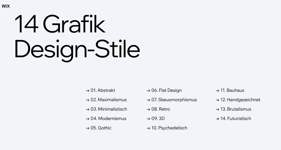 14 Grafikdesign-Stile: Abstrakt Maximalismus Minimalistisch Modernismus Gothic Flat Design Skeuomorphismus Retro 3D Psychedelisch Bauhaus Handgezeichnet Brutalismus Futuristisch