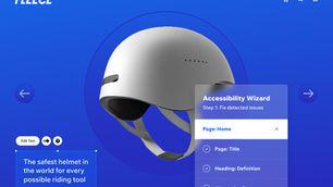 Weißer Helm auf blauem Hintergrund, Text: "The safest helmet... tool". Rechts "Accessibility Wizard". Futuristisches, klares Design.