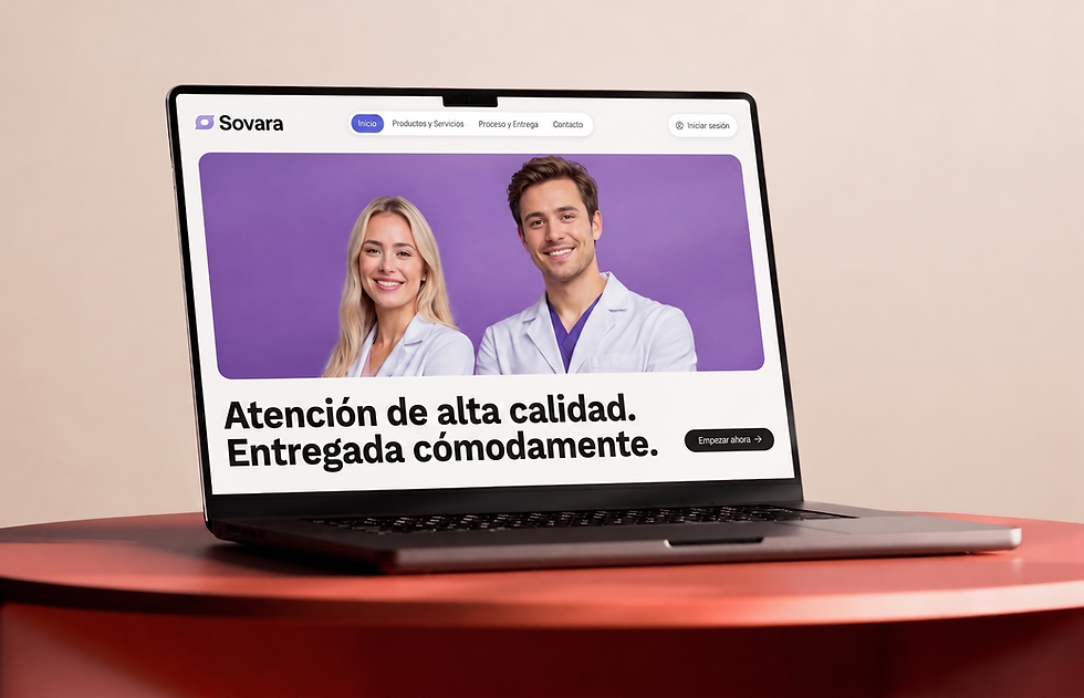 Cómo crear la página web de una farmacia: Portátil con web de Sovara: dos médicos sonrientes y texto Atención de alta calidad. Entregada cómodamente.