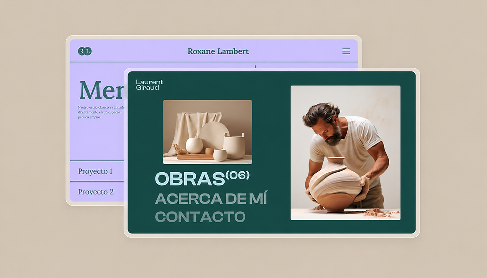 Ejemplos de portafolios digitales: Maqueta web de ceramista moldeando una vasija; fondo con piezas de cerámica y menús OBRAS(06), ACERCA DE MÍ, CONTACTO.
