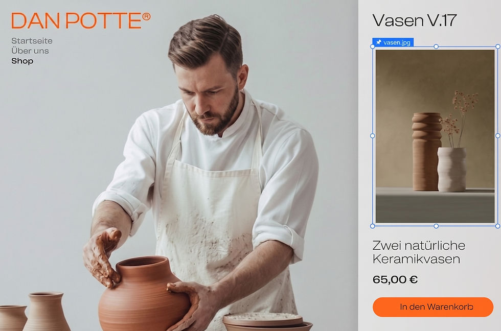 Webhosting für Selbstständige: Töpfer formt eine Terrakotta-Vase; rechts Shopseite mit Keramikvasen, Vasen V.17, 65,00 € und In den Warenkorb.