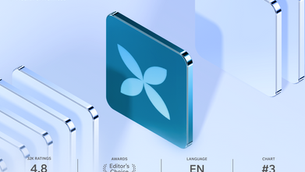 Was ist Vibee Coding? Blaues Appsymbol mit vier Blättern auf spiegelnden Kacheln. Text: Health & Wellness, 32K Bewertungen 4.8, Editor's Choice, Sprache EN, Chart #3.