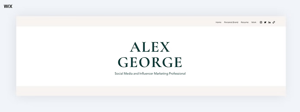 Wix-Portfolio mit weißem Layout: ALEX GEORGE, Social Media and Influencer Marketing Professional, Menü oben.