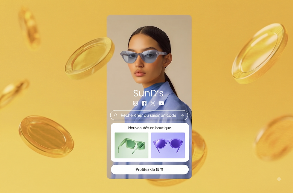 Comment se faire de l'argent rapidement : 12 méthodes simples et efficaces
Pub SunD’s : femme en lunettes bleues sur fond jaune, recherche ou saisir un code, nouveautés en boutique, profitez de 15 %