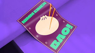 Nimm einen Bao, violettes Plakat auf lilanem Hintergrund mit grüner Schrift