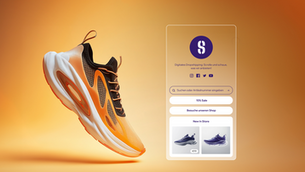 Digitales Dropshipping Beispiel mit Dynamic Sneaker in Orange und Schwarz schwebt vor einem orangefarbenen Hintergrund. Rechts: Website-Interface mit Text, Suchleiste und Social-Links.