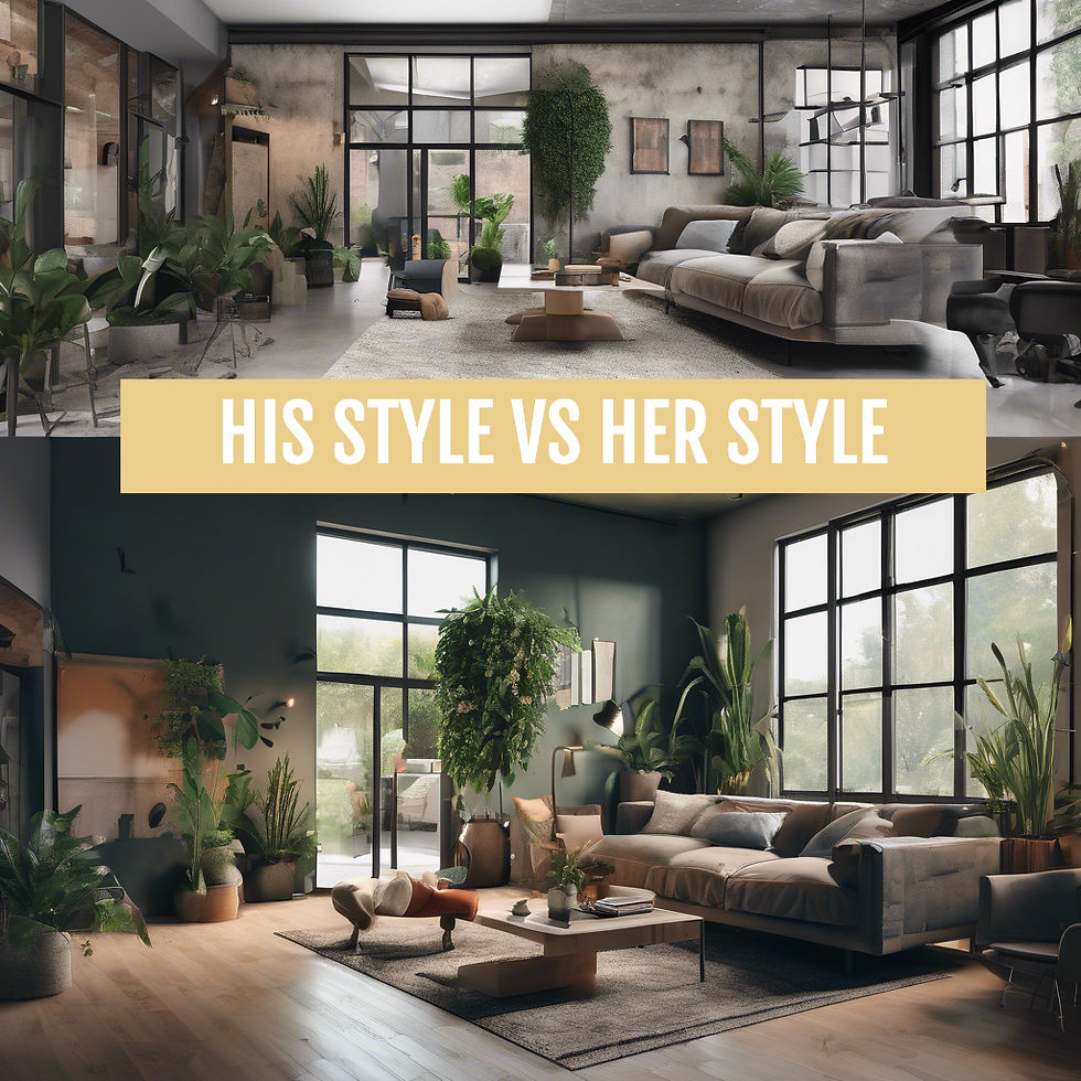 Modern living rooms with plants and large windows. Top is minimalist gray, bottom is cozy green. Text reads "His Style vs Her Style".