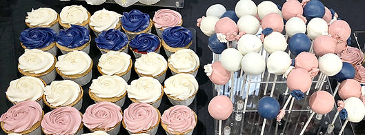 blue white and pink cupcakes and cake pops