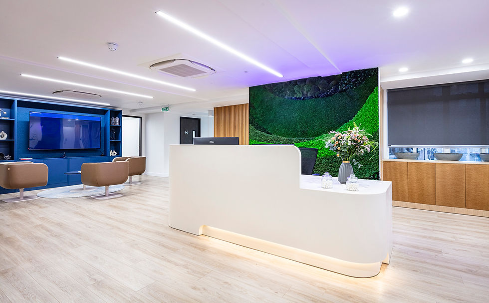 Height adjusstable white reception desk with accent lighting