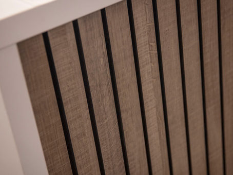 Close up of slatted reception desk