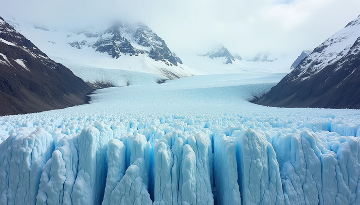 High angle view of a glacier with deep crevasses and snow-covered peaks