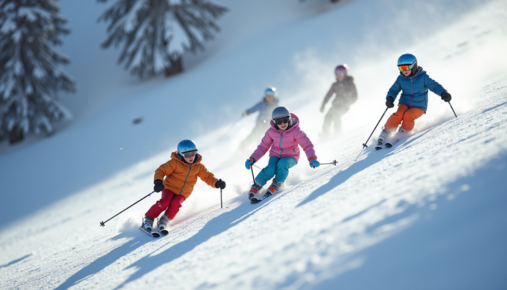 High angle view of a family-friendly ski slope with children learning to ski