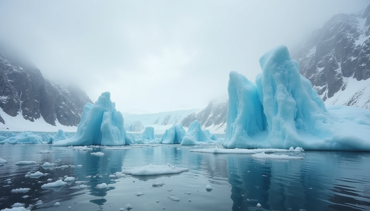 Wide angle view of a frozen fjord with towering icebergs
