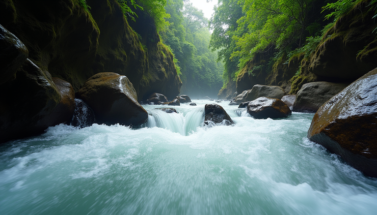 Eye-level view of raging whitewater rapids flowing through a narrow rocky canyon in Costa Rica