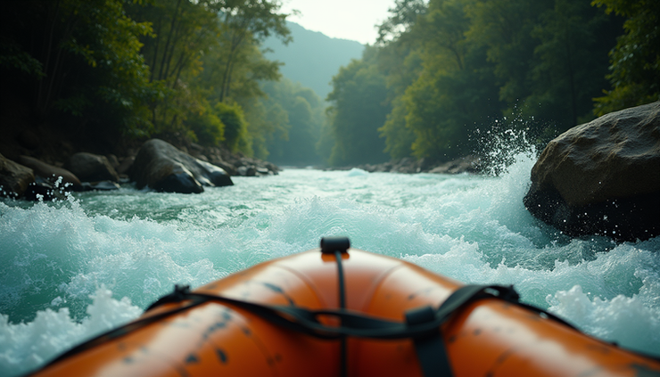 Close-up view of a raft navigating powerful Class V rapids surrounded by tropical forest