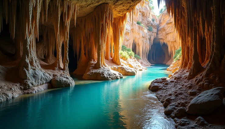 Close-up view of colorful limestone formations beside an underground river in Reed Flute Cave