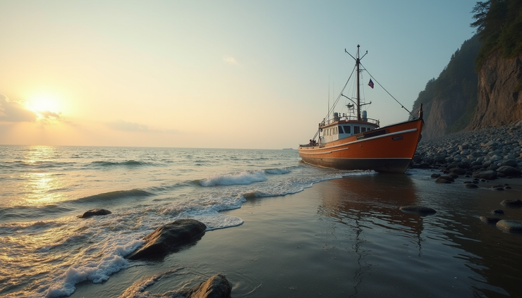 Eye-level view of a fishing boat near rocky shores in Bothnian Bay National Park