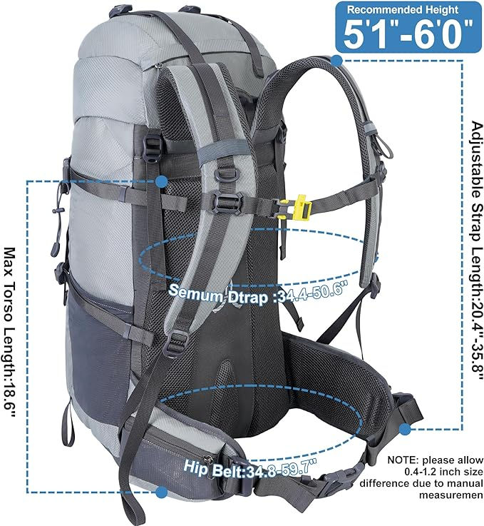 Thumbnail: Waterproof Camping Hiking Backpack  with Rain Cover 50L/60L - Gray