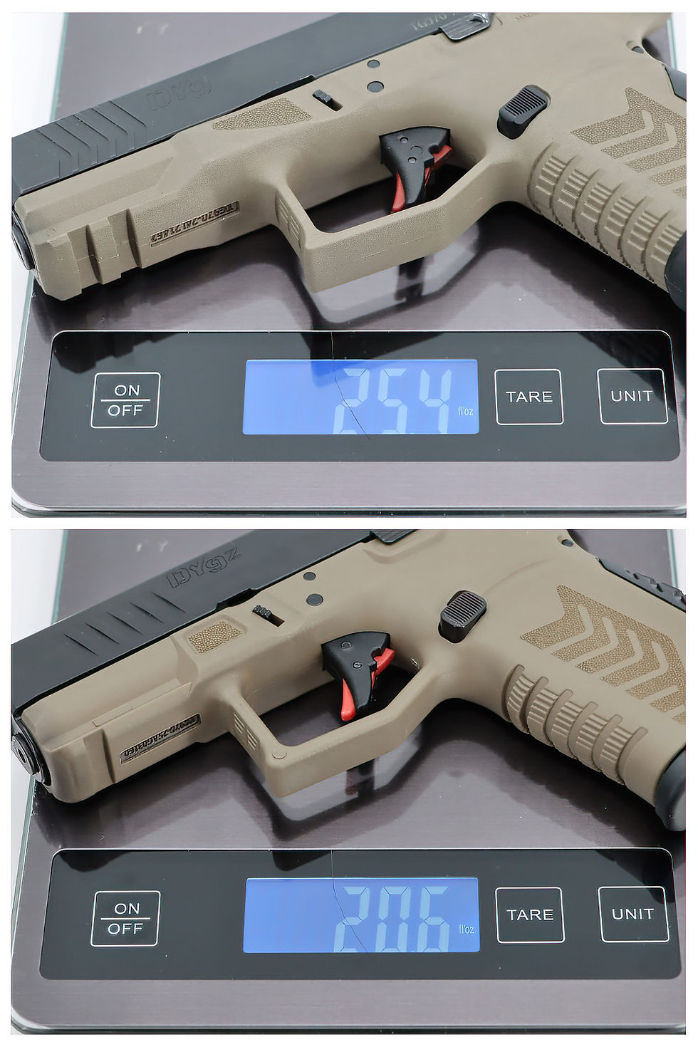 Weight with empty magazines. The 5oz savings with the DY9Z is significant in the handgun world.