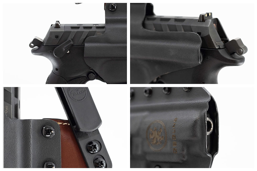 Falco GBGuns Holster features: Optics-ready (tl), high sweat guard (tr) Griffin Wing and Falco clip (bl) open end and rounded edges (br)