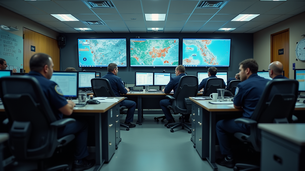 Eye-level view of emergency responders coordinating at a command center