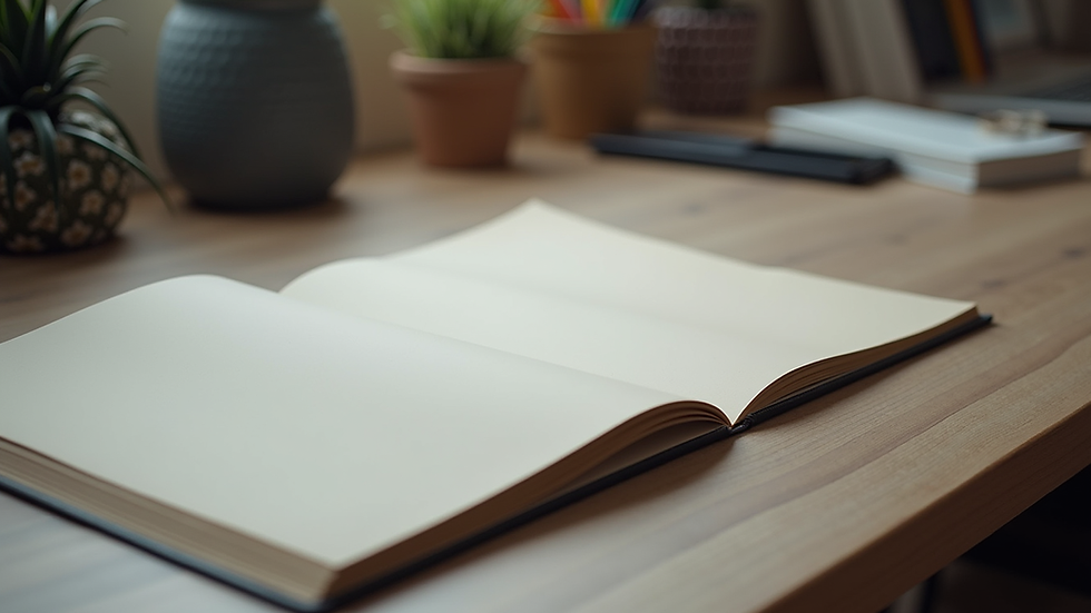 Close-up view of a book cover design process on a desk