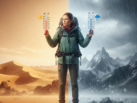 A cartoon of a young female hiker standing between the extremes of high heat and cold rain, holding thermometers showing both fahrenheit and celcius.