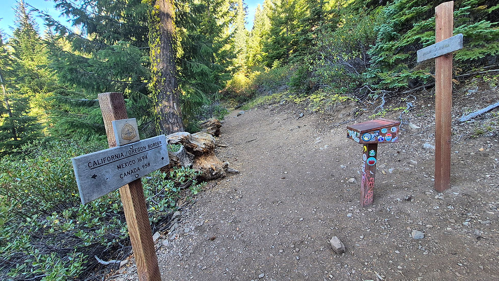 Pacific Crest Trail at the border of California and Oregon. there are two signs, one showing the distance to Mexico (1,694 miles) the other to Canada (958 miles) and the other sign simply reading "Oregon/California". There is also a metal box on a post in which there is a log book for people to enter their information as they hike north on the PCT.