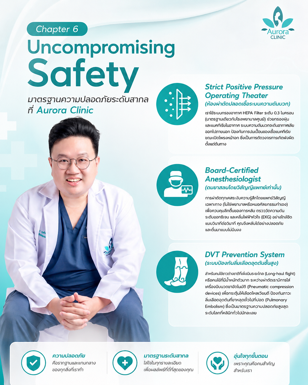 医生坐着微笑,背景是以安全为主题的宣传图,包含“Chapter 6 Uncompromising Safety”字样和Aurora Clinic标志,以及各种安全措施的信息图标。