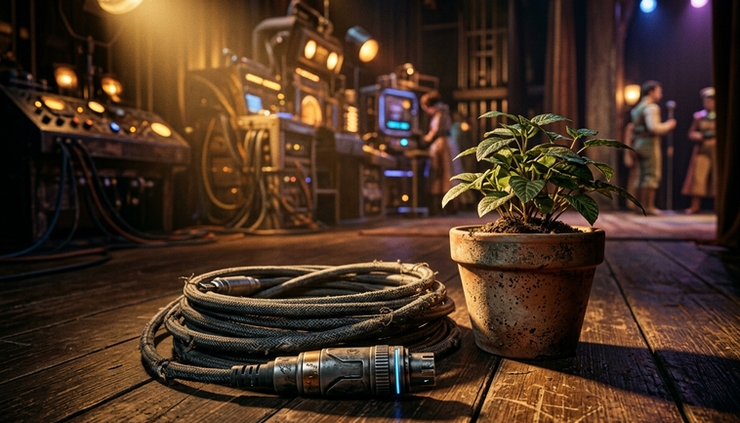 Close-up of a worn charger cable beside a small potted plant on a theater floor
