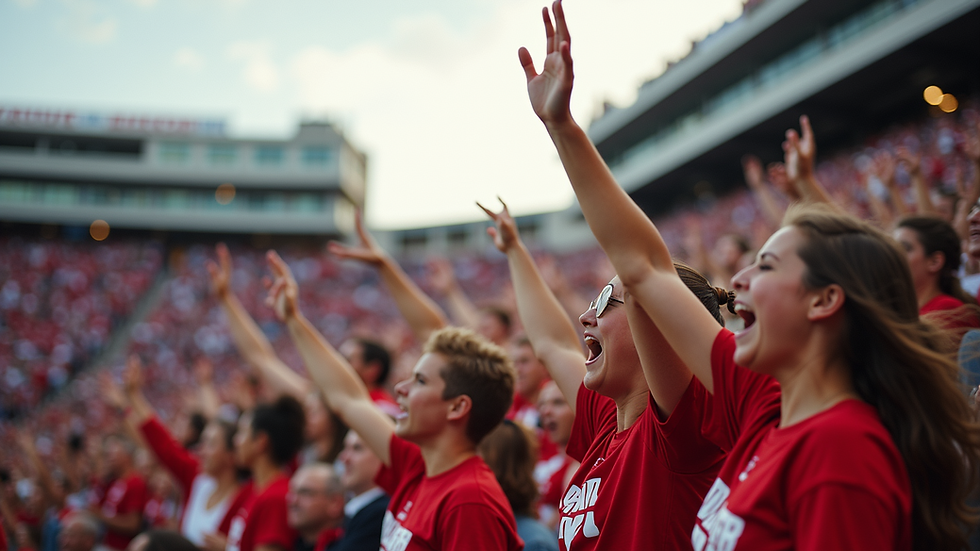 Wide angle view of a cheering crowd at a college football game