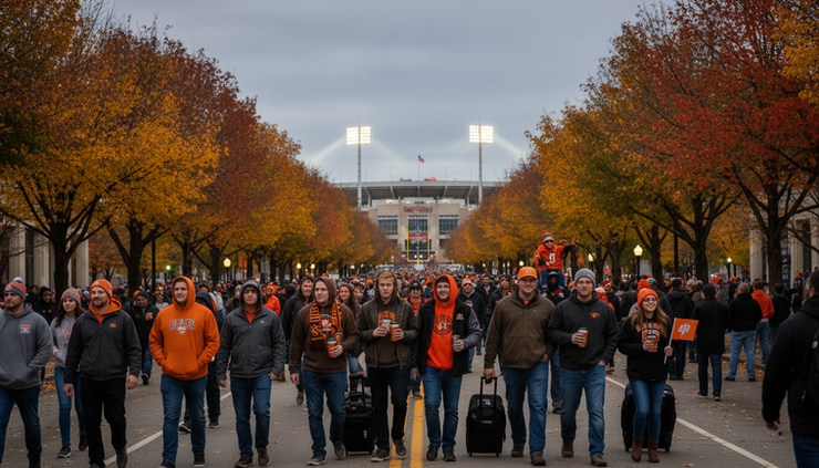 Eye-level view of fans walking toward a football stadium before kickoff.