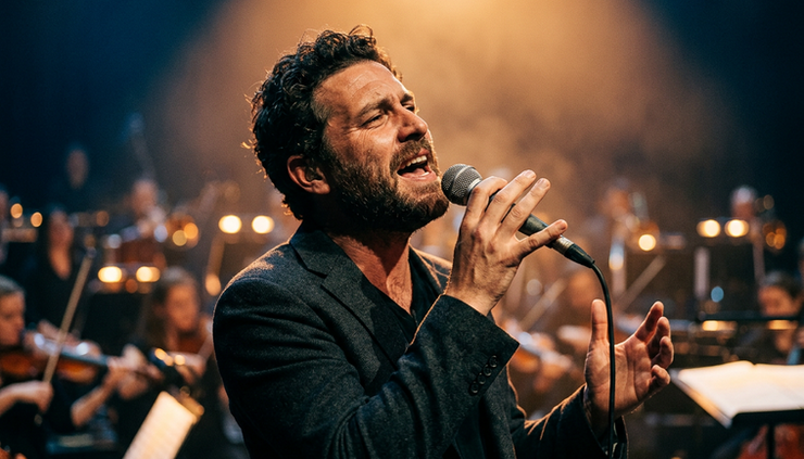 Close-up view of a singer holding a microphone during a dramatic ballad