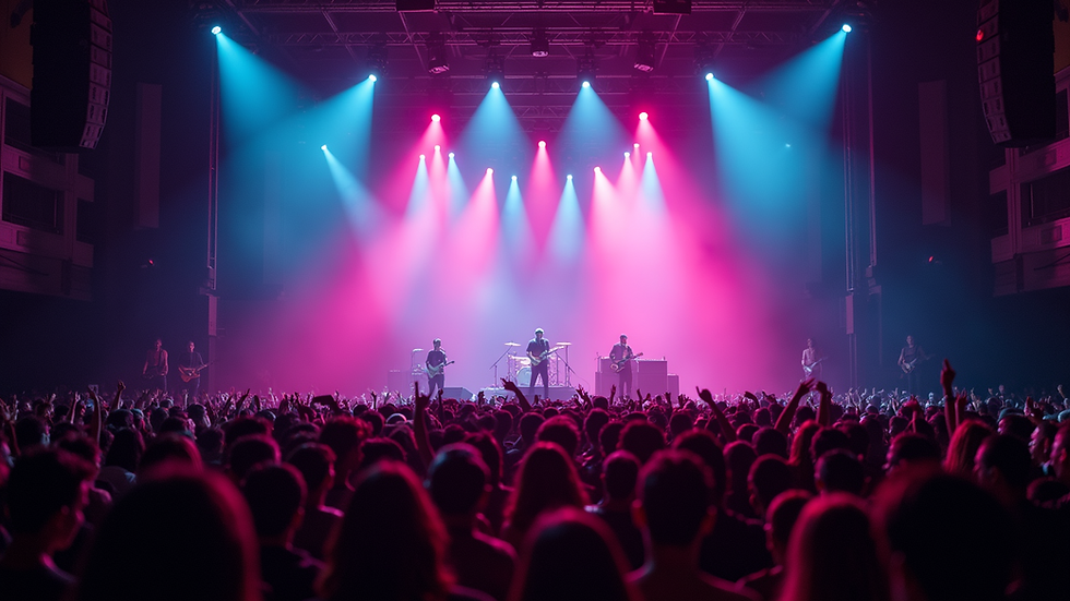 The stage before a Lorde concert is set with colorful lights and instruments.