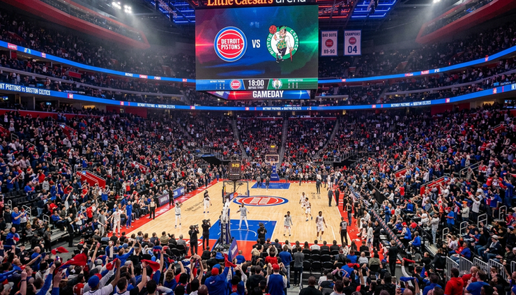 Wide-angle view of a packed Detroit basketball arena before tipoff.
