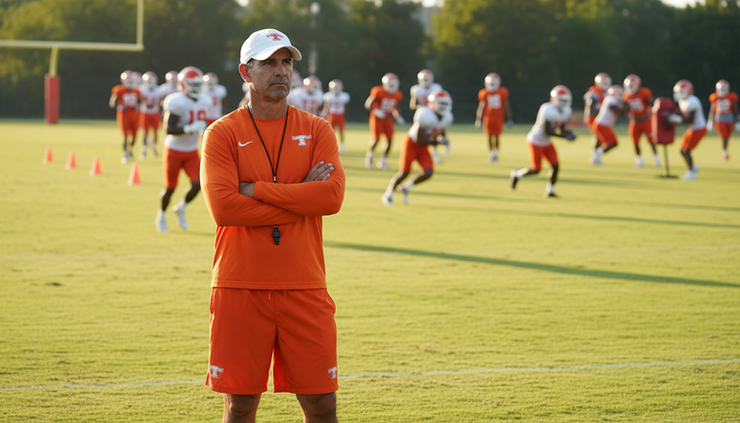 Eye-level view of a college football coach watching players practice on a grass field