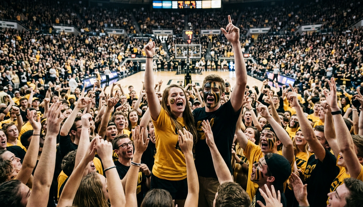 Eye-level view of a student section cheering during a college basketball timeout.